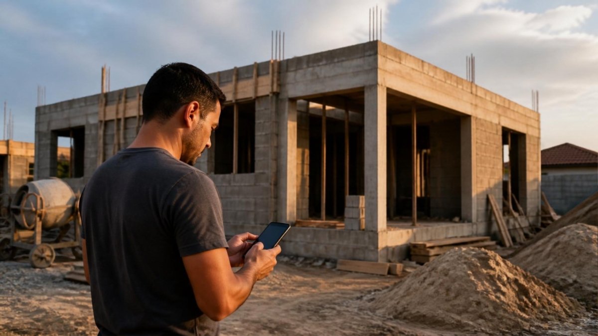 Pessoa acompanhando a obra da casa pelo celular em tempo real