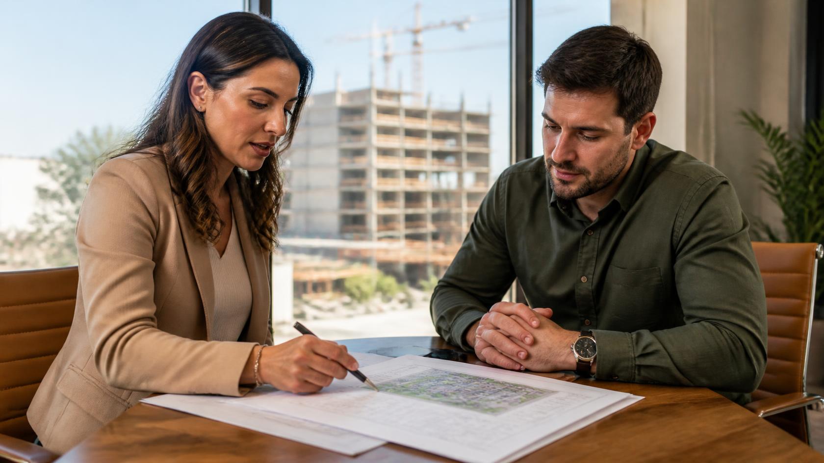 Assessor de investimentos e cliente analisam documentos de um projeto de construção, com um prédio em obra ao fundo