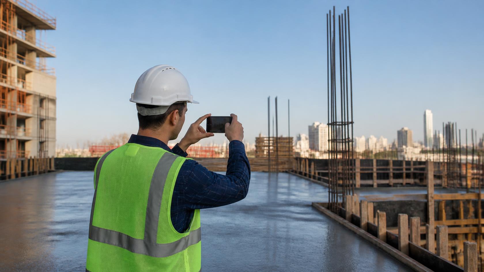 Engenheiro registra pelo celular o avanço da obra sobre a laje de um prédio residencial em construção