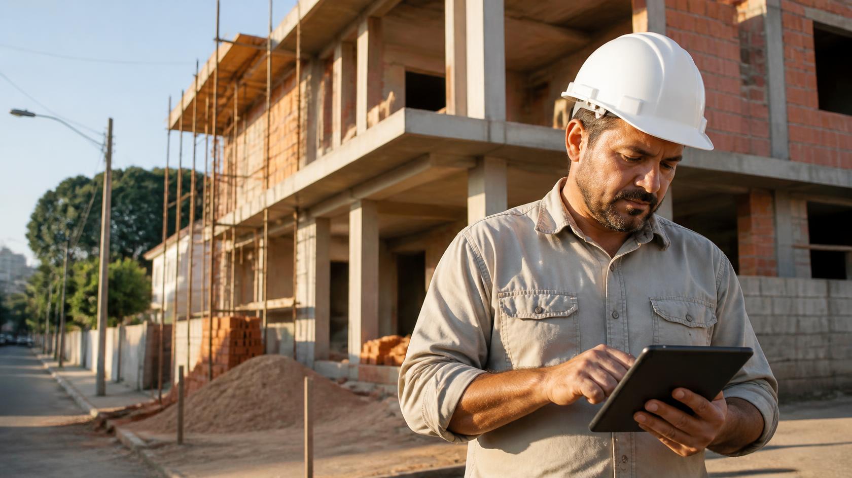 Construtor de capacete confere custos e cronograma no tablet em frente a uma casa em construção